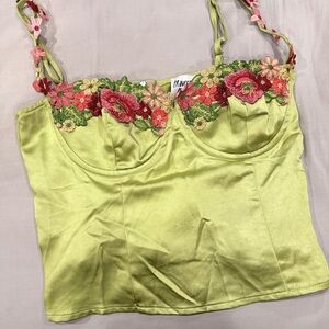 Princess Polly Lime Satin Crop Top with Floral Embroidery